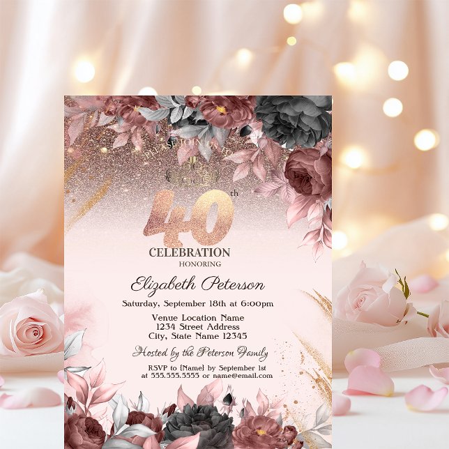 Convites  Luzes, Flores Chic Glitter Aniversário de 40 anos (Criador carregado)