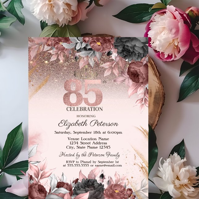 Convites Luzes, Flores Chiques Brilho 85º Aniversário (Criador carregado)