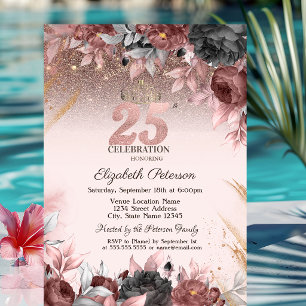 Convites Luzes, Flores Chiques Brilho Aniversário de 25 Ano