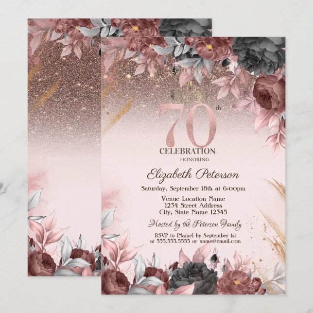 Convites Luzes, Flores Chiques Brilho Aniversário de 70 ano (Frente/Verso)