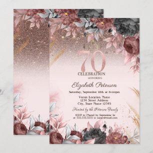 Convites Luzes, Flores Chiques Brilho Aniversário de 70 ano