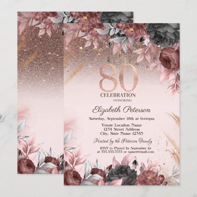 Convites Luzes, Flores Chiques Brilho Aniversário de 80 ano (Frente/Verso)
