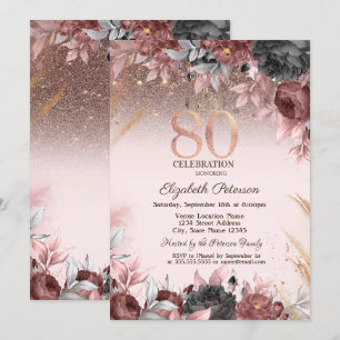 Convites Luzes, Flores Chiques Brilho Aniversário de 80 ano