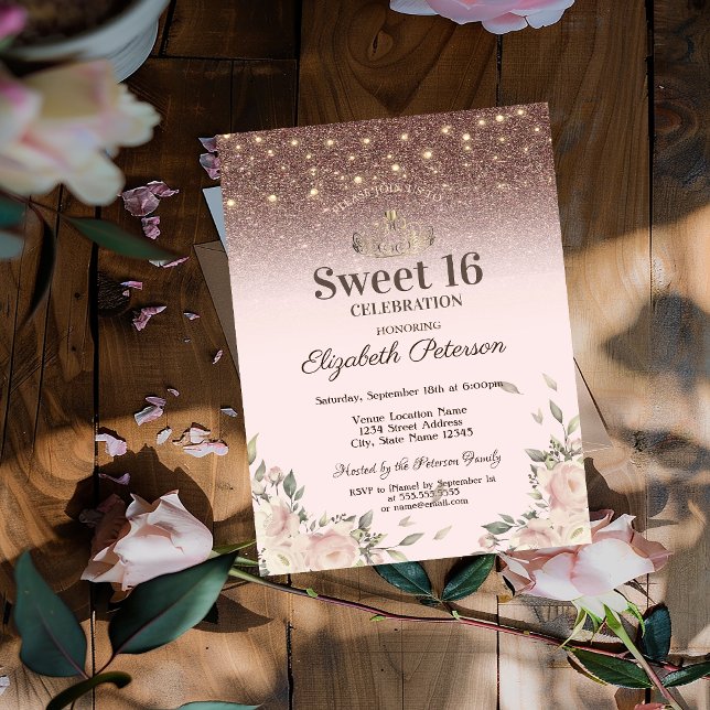 Convites  Luzes, Flores Cor-de-Rosa Brilham Sweet 16 (Criador carregado)