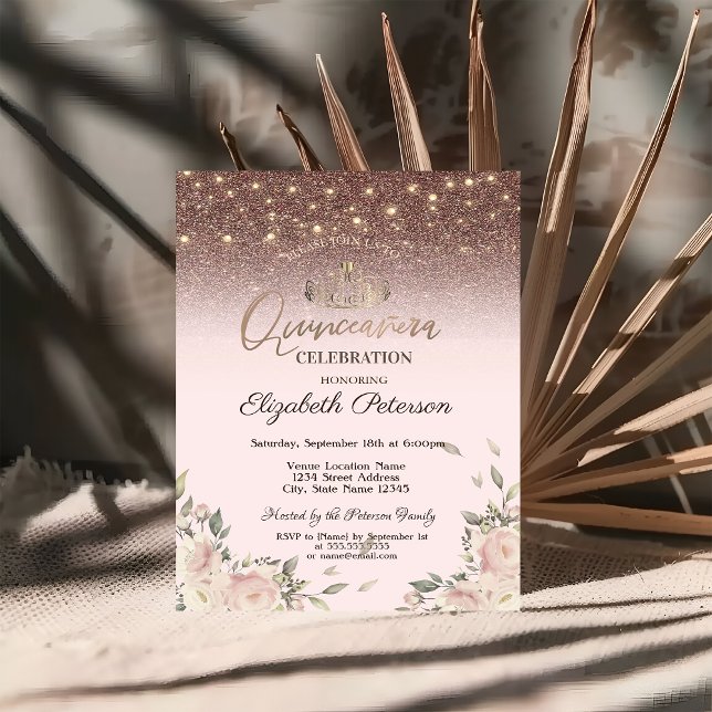 Convites Luzes, Flores Cor-de-Rosa Quinceañera (Criador carregado)