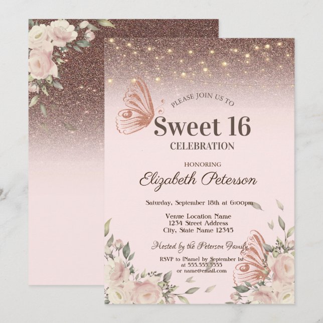 Convites Luzes, Flores Rosa, Borboletas Brilhantes Doce 16 (Frente/Verso)
