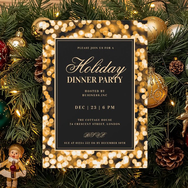 Convites Luzes Glam Black & Gold Jantar de Festa de Fim de  (Black & Gold Glam Lights Holiday Dinner Party Invitation)