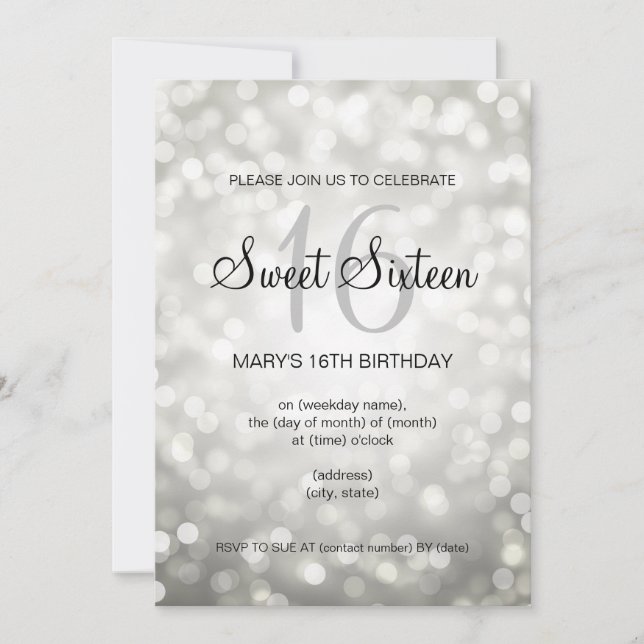 Convites Luzes Glitter De Prata De Aniversário Do Elegante  (Frente)