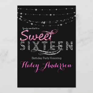 Convites Luzes Glitter Glamour Festa SWEET 16 Rosa Preto