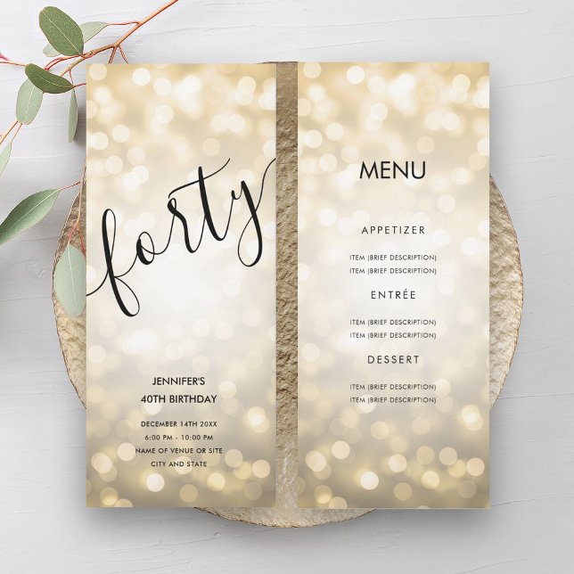 Convites Luzes luminosas Douradas no menu aniversário de 40 (40th Birthday Menu Gold Glitter Lights Invitation)