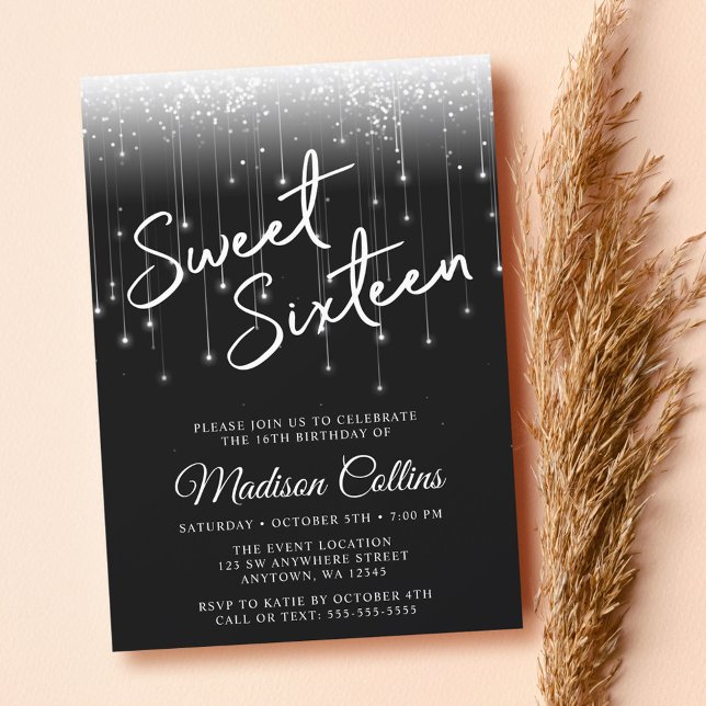 Convites Luzes Modernas Preto e Branco Sweet 16 (Criador carregado)