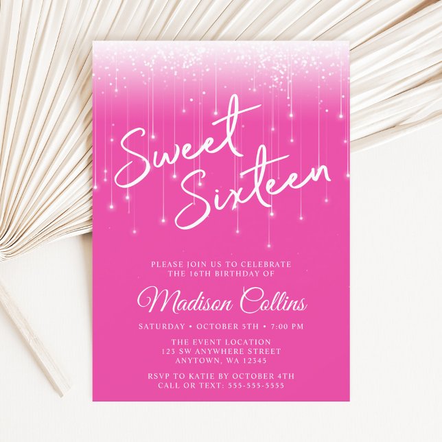 Convites Luzes Modernas Rosa Quente Sweet 16 (Criador carregado)
