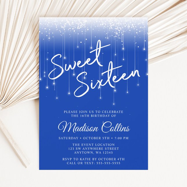 Convites Luzes Modernas Royal Blue Sweet 16 (Criador carregado)