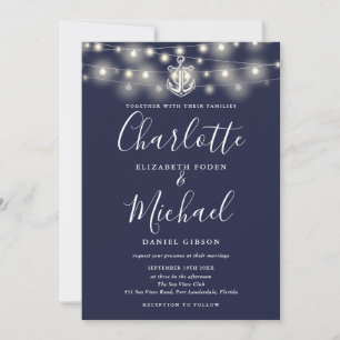 Convites Luzes Navais de Corda Única Casamento Azul Marinho