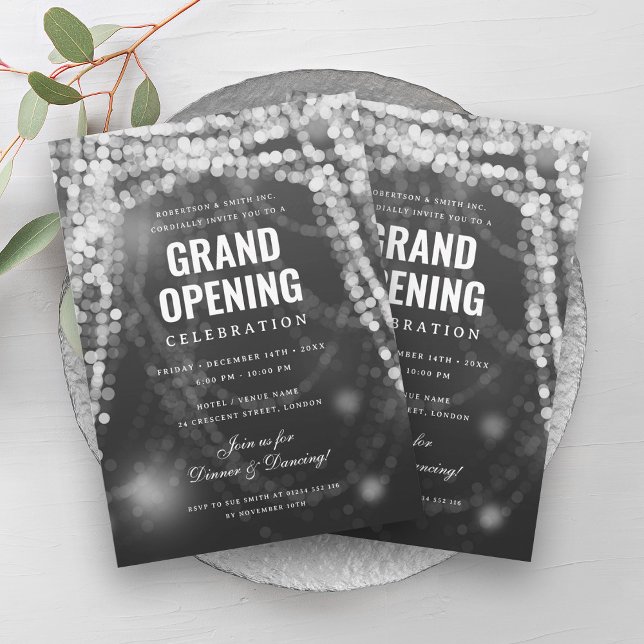 Convites Luzes prateadas de negócios de grande abertura ele (Elegant Grand Opening Business Silver Lights Invitation)