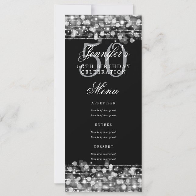 Convites Luzes prateadas do menu de Festa de aniversário 50 (Frente)