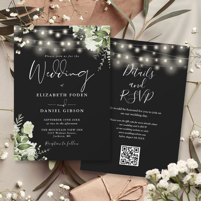 Convites Luzes Pretas e Brancas Florais Código QR Casamento (Black And White Lights Floral QR Code Wedding Invitation)