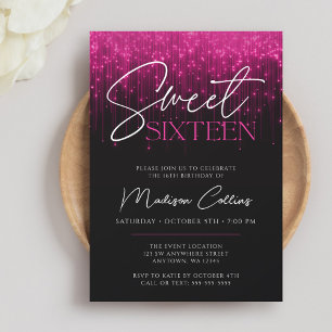 Convites Luzes Rosa Magenta Preto Sweet 16