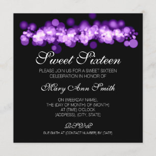 Convites Luzes roxas de Bokeh da festa de aniversário do
