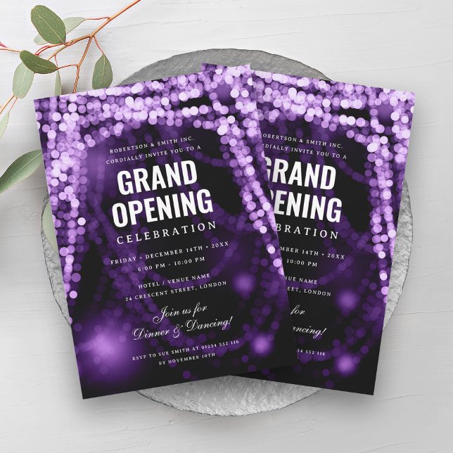 Convites Luzes roxas de grande abertura para empresas elega (Elegant Grand Opening Business Purple Lights Invitation)