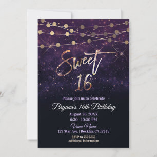 Convites Luzes Roxas e Douradas de Purpurina para Sweet 16