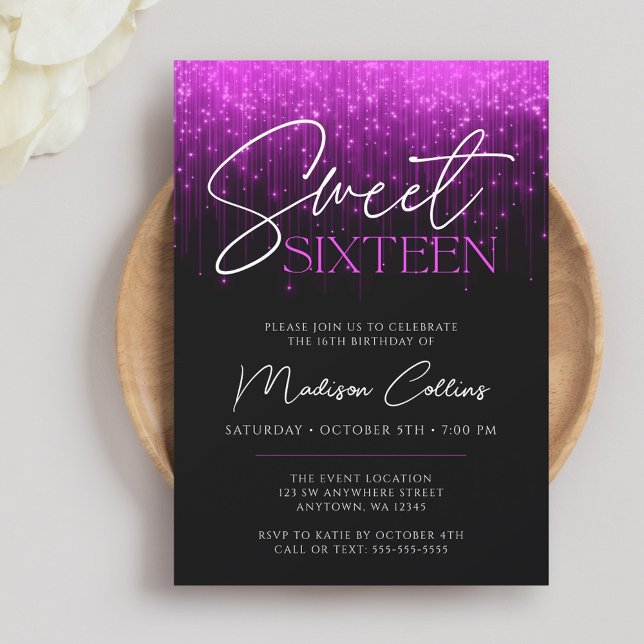Convites Luzes Roxas Preto Sweet 16 (Criador carregado)