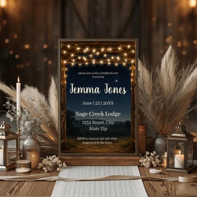 Convites Luzes Rústicas de Corda Céu Noturno Chá de Noiva (Rustic bridal shower invitation with string lights, starry sky, wood beams, and custom details.)