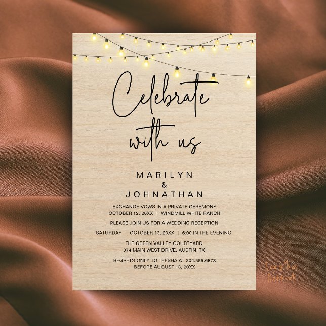 Convites Luzes Rústicas de Corda Recepção de Casamento Eleg (Rustic String Lights Wedding Reception Dinner Party Elegant Invitation Card in Brown Wood)