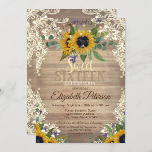 Convites Luzes Rústicas, Lace Sunflower Festa 16 Festa