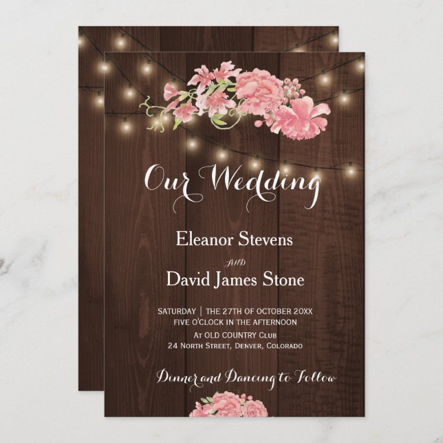Convites Luzes rústicas quentes blush peonis celeiro casame (Frente/Verso)