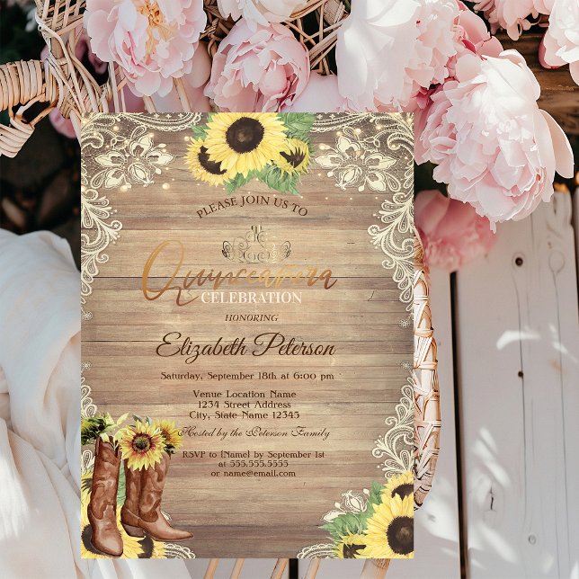 Convites Luzes Rústicas,Renda,Botas Girassóis Quinceañera (Criador carregado)