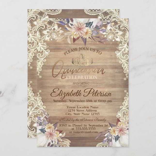 Convites Luzes Rústicas, Tiara, Flores de Pumpkin Lace Quin (Frente/Verso)