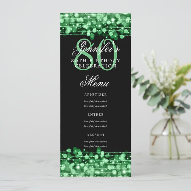 Convites Luzes verdes do menu de Festa de aniversário Elega (Em pé/Frente)