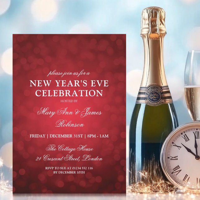 Convites Luzes vermelhas da Véspera de ano novo elegante (Elegant New Years Eve Red Bokeh Lights Invitation)