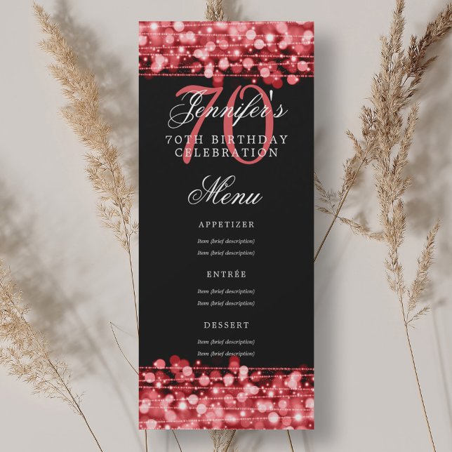 Convites Luzes vermelhas do Ruby do menu de Festa de aniver ( 
Elegant 70th Birthday Party Menu Ruby Red Lights Invitation)