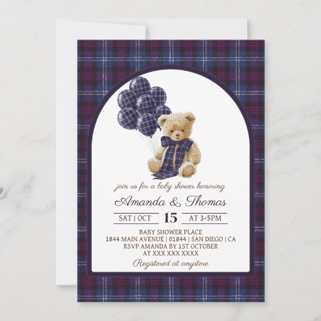 Convites Lxury Bear Balloons Plaid Baby Shower (Frente)