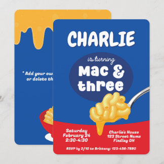 Convites Mac & Three Macaroni e aniversário de 3 anos de Qu
