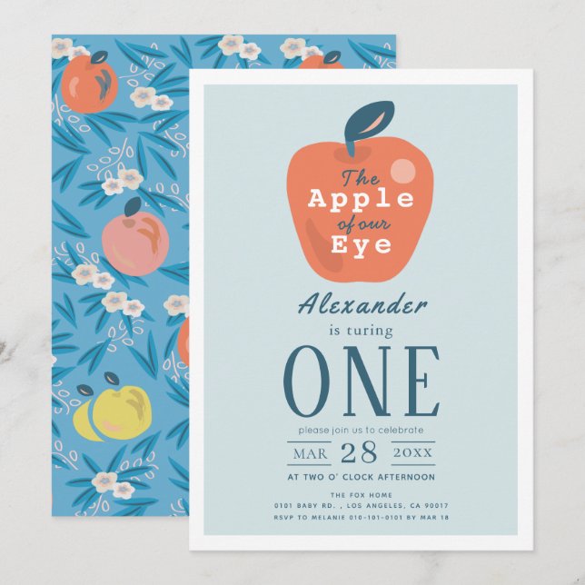 Convites Maçã do nosso primeiro aniversario Azul Olho Menin (Frente/Verso)