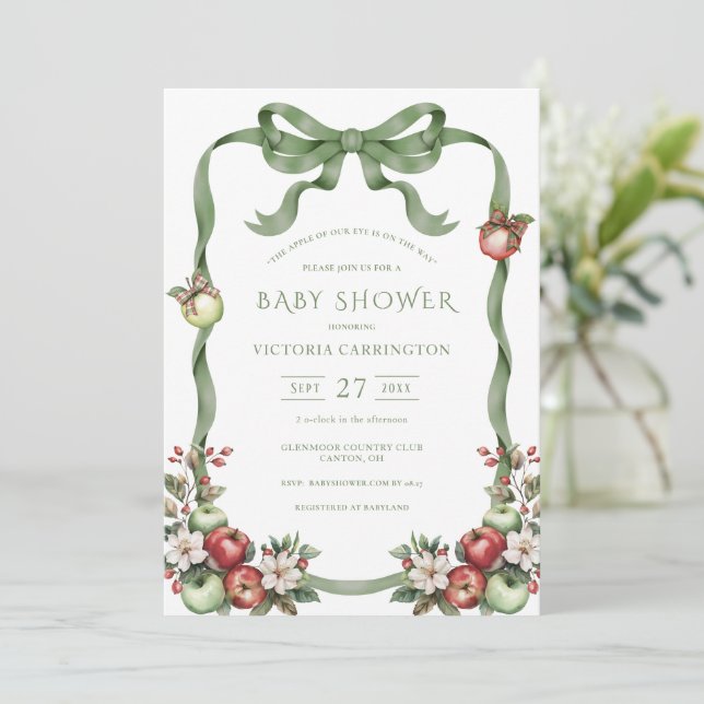 Convites Maçã dos Nossos Olhos Verde Aquarela Bebê Elegante (Em pé/Frente)
