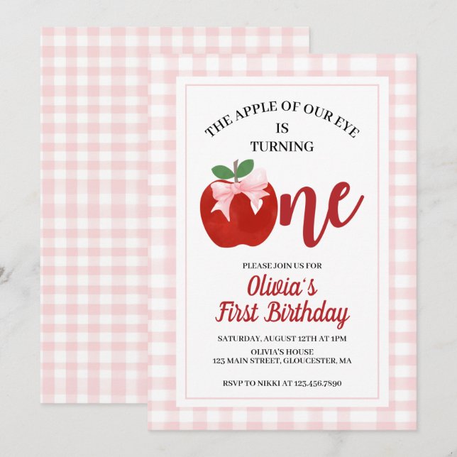 Convites Maçã Laço Rosa Coquette 1º aniversário (Frente/Verso)