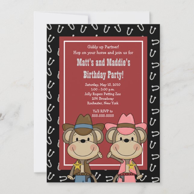 Convites Macaco-cowboy ocidental de GAROTA 5x7 Aniversário (Frente)