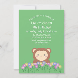 Convites Macaco Fofo e Flores Verde Sage Aniversário Infant