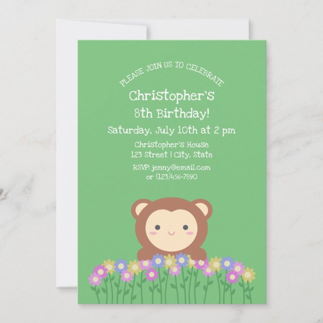 Convites Macaco Fofo e Flores Verde Sage Aniversário Infant (Frente)