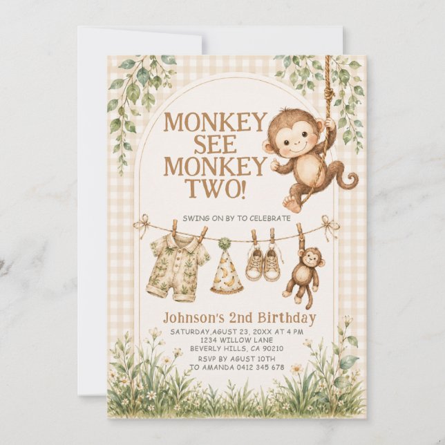 Convites Macaco Fofo Vê Macaco Dois Neutro Macaco 2º  (Frente)