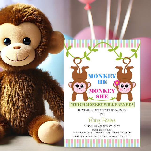 Convites Macaco, Macaco, Sexo, Festa de Revolução (Cute monkey he and she gender reveal party invitation.)