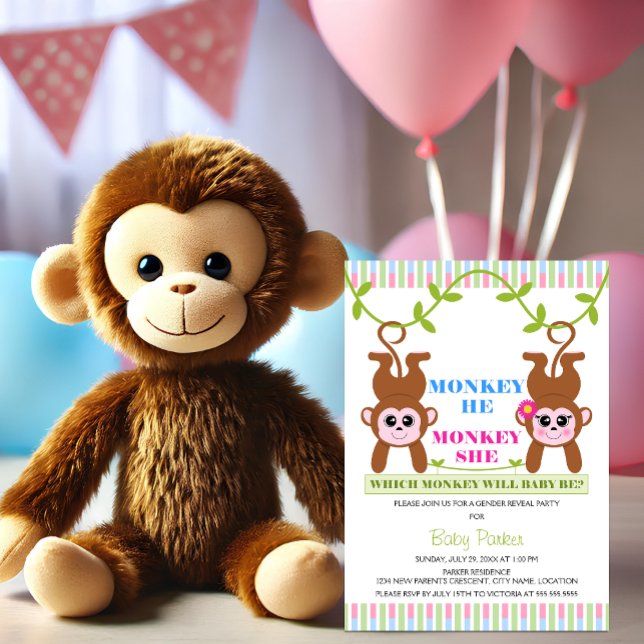 Convites Macaco, Macaco, Sexo, Festa de Revolução (Cute monkey he and she gender reveal party invitation.)