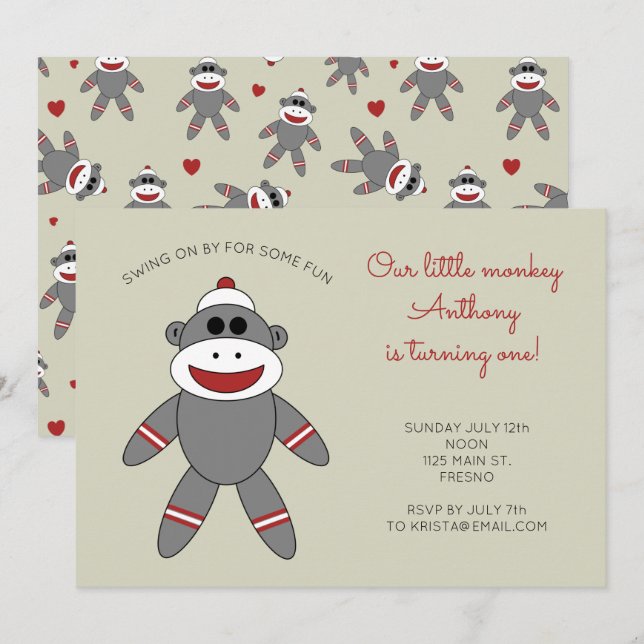 Convites Macaco-meia bonito com primeiro aniversario de cor (Frente/Verso)