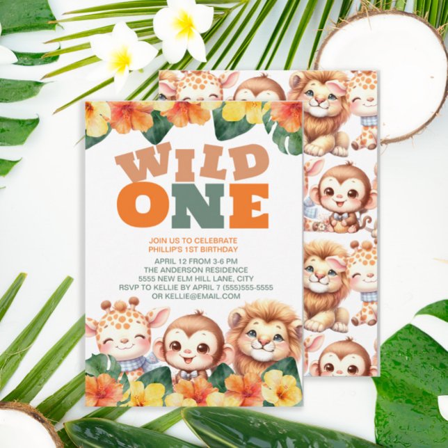 Convites Macaco Safari Lion Giraffe Selvagem de Um primeiro (Cute "Wild One" safari animal 1st birthday party invitation.)