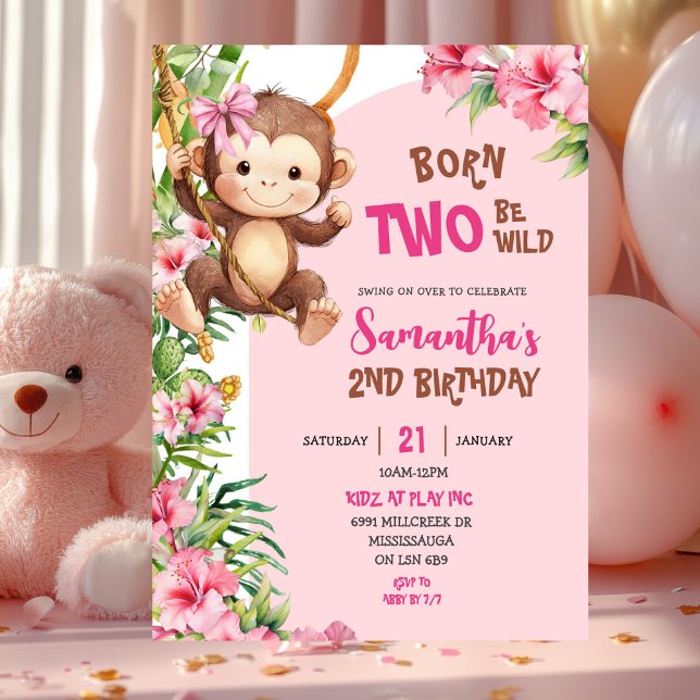 Convites Macaco Savannah Rosa Aniversário Born Two Be Wild  (Criador carregado)