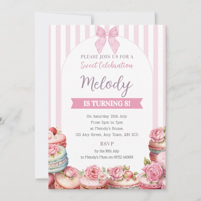 Convites Macaron Birthday Conite Stripe Sweet Celebração (Frente)